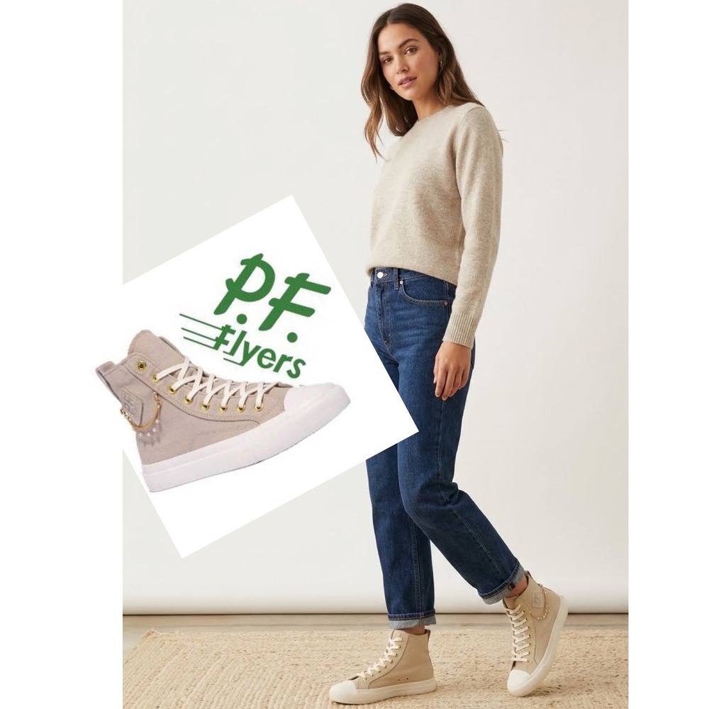 PF Flyers Center Hi Sand Beige Canvas High Top Sneakers Pearl Chain Womens 8.5